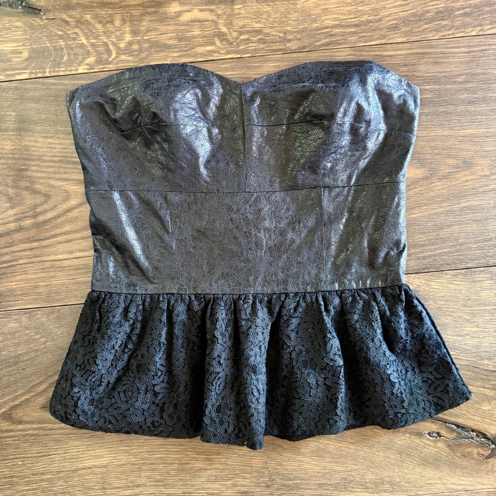 Whimsigoth Faux Leather Lace Peplum Strapless Corset Top M Black Coquette Vamp
